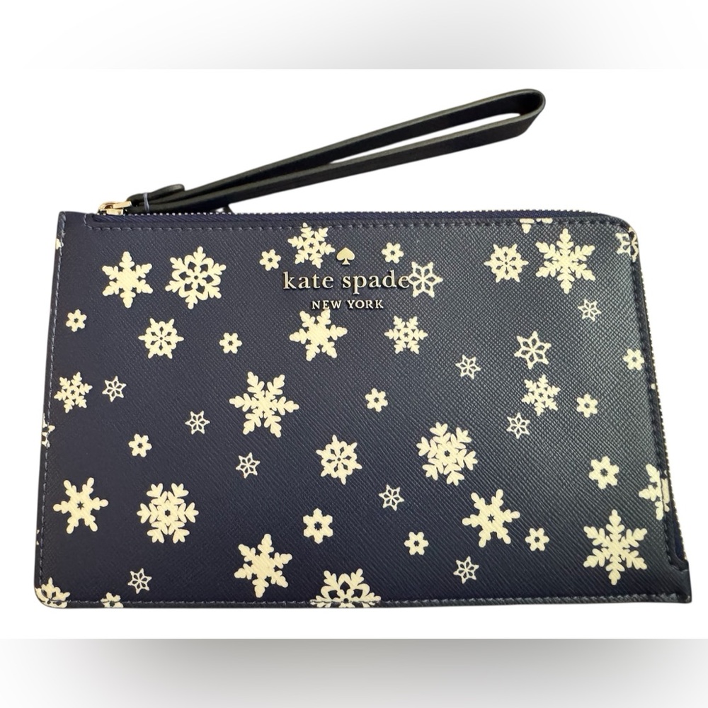 Kate Spade Midnight Blue Snowflake Wristlet in coated canvas. NWT